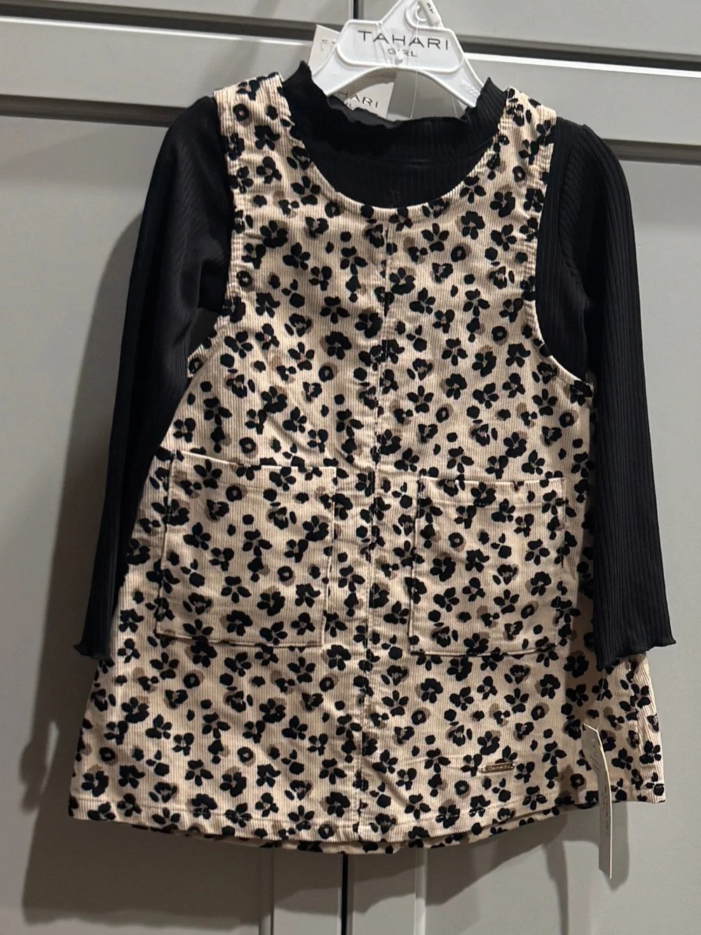 Tahari Cream Floral Pinafore Dress with Black Top